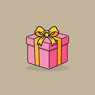 Minimalist 2D icon of a pink gift box with yellow ribbon and bow on soft cl.. イラスト素材