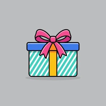 Minimalist 2D icon of a white and blue stripped design gift box with yellow.. イラスト素材