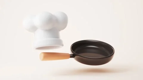 Minimalist 3d animation of chef hat and frying pan floating on light beige .. Stock Footage 332318304