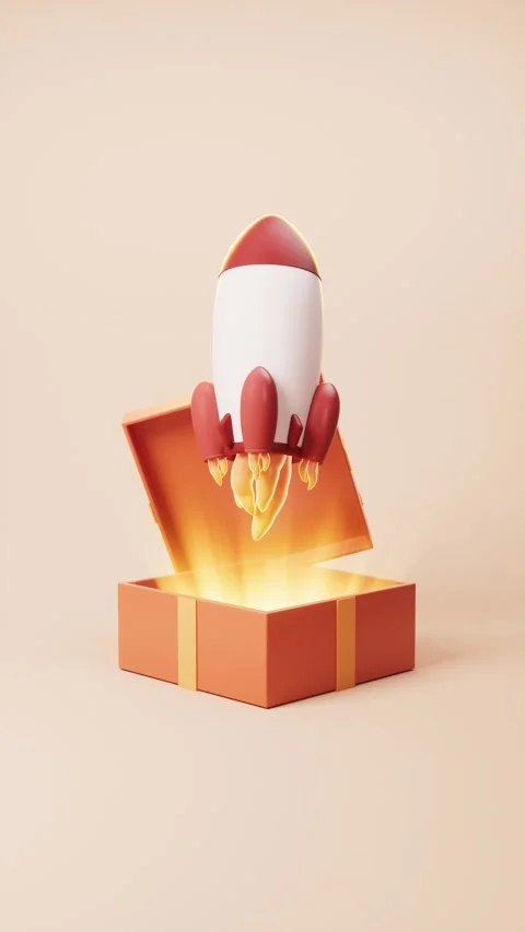 Minimalist 3d animation of rocket ship taking off from glowing gift box on .. Stock Footage 332318293