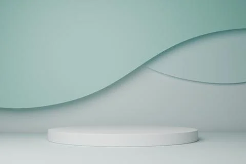 Minimalist 3D background with white podium and soft mint green wavy curves 스톡 일러스트
