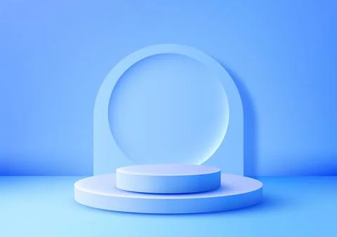 A minimalist 3D blue circular podium with a large arched backdrop set again.. Stock Illustration