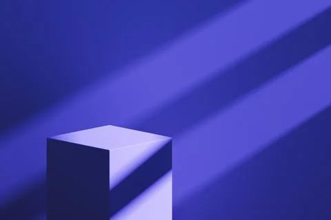 Minimalist 3D blue cube block on dark blue background with dynamic shadows Stock Illustration