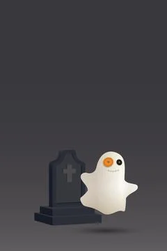 Minimalist 3D cute ghost and gravestone decorated in Halloween night vertic.. Stock Illustration