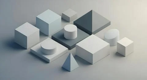Minimalist 3D isometric geometric composition with cubes, cylinders, and py.. Stock Illustration