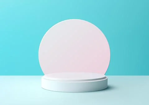 Minimalist 3d light pink circle on white pedestal soft blue background mode.. Stock Illustration
