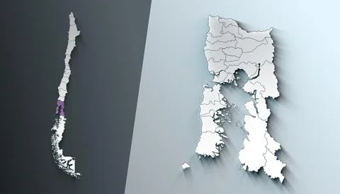 Minimalist 3D Map of Los Lagos Chile Region with Borders Stock Illustration