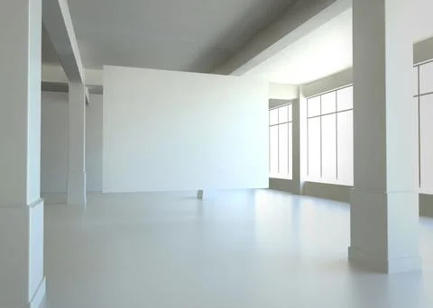 Minimalist 3D render is featuring empty gallery interior with blank panel, Stock Photos