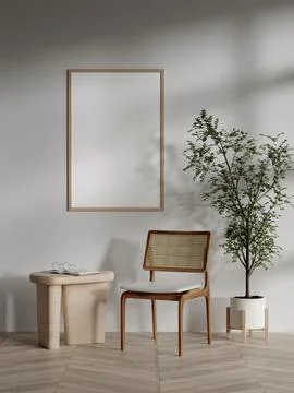Minimalist 3D Render of Modern Interior with Wooden Chair, Plant, and Blank Stock Illustration