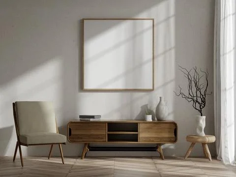Minimalist 3D Render of Modern Interior with Wooden Furniture and Empty Frame on Stock Illustration