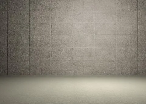 Minimalist 3D render space is featuring textured gray tiled wall meeting smooth Stock Illustration