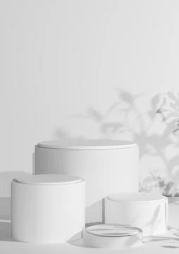 Minimalist 3D render of white cylinder podium pedestals with soft plant sha.. Stock Illustration