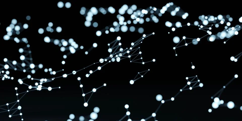 A minimalist 3D render with white dots and lines on a black background 3d render Stock Illustration