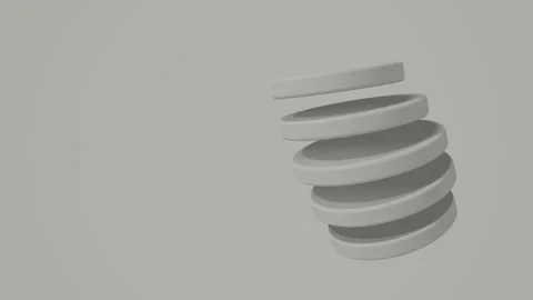 Minimalist 3D rendered graphic featuring a series of stacked grey circular .. Stock Footage 347465411