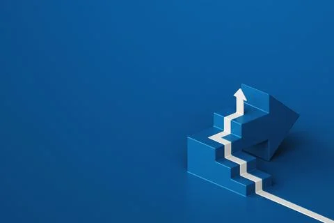 Minimalist 3D rendering of an upward arrow and stairs on blue background Stock Illustration