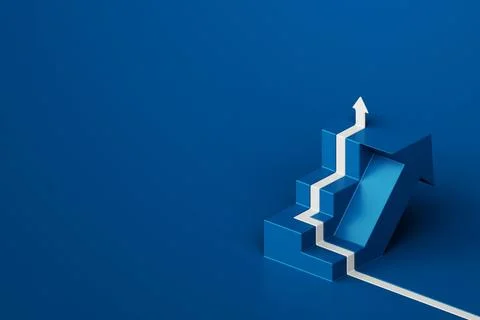 Minimalist 3D rendering of an upward arrow and stairs on blue background Stock Illustration