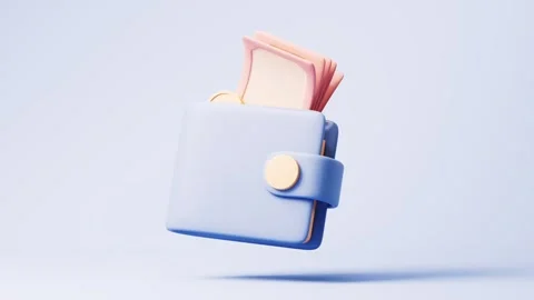 Minimalist 3d wallet animation featuring bank notes and gold coins floating.. Video stock 332228280