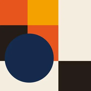 Minimalist abstract composition featuring blue circle amongst orange and bl.. Illustration