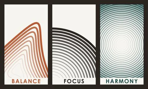 Minimalist Abstract Geometric Poster Set Balance Focus Harmony Line Art Stock Illustration