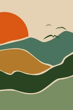 Minimalist Abstract Mountain Landscape Wall Art in Mid Century Modern Boho .. Stock Illustration