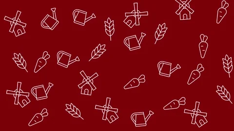 Minimalist Agricultural Pattern with Windmill and Farming Icons on Red Stock Footage 344875518