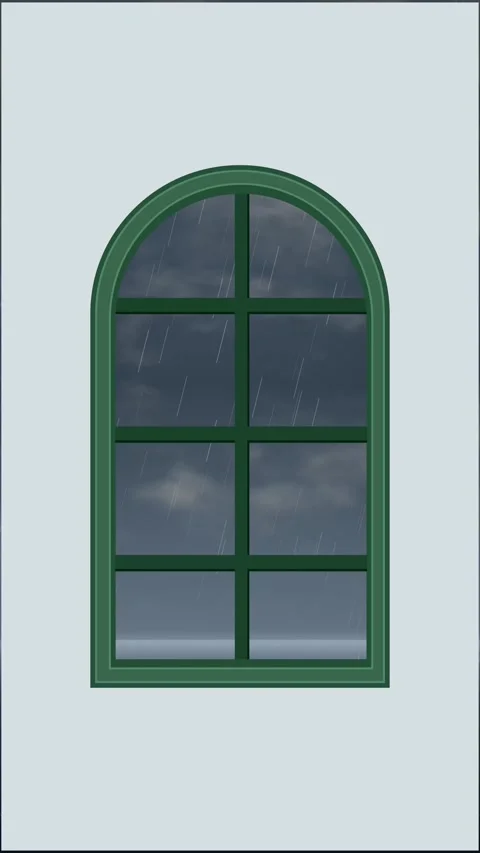Minimalist Animated Building Facade with Arched Windows and Rainy Sky Stock Footage 345037639