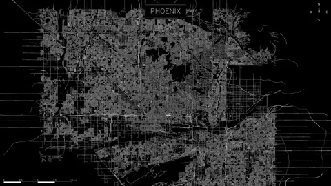 Minimalist animated map of Phoenix featuring glowing white streets that loop Stock Footage 346303034