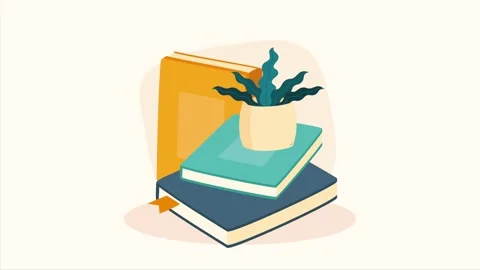 Minimalist animation of book stack with growing potted plant on cream backg.. Vídeos de archivo 339061813