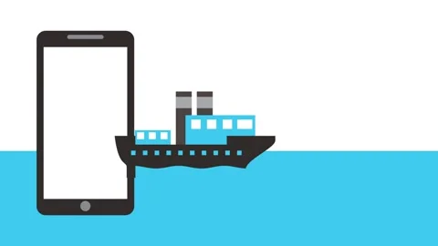 Minimalist animation of cargo ship emerging from smartphone screen onto blu.. Stock Footage 339045920