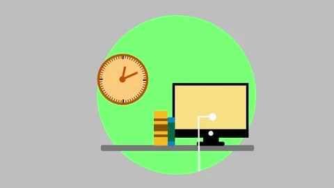 Minimalist Animation of a workspace with a computer, books, and clock Stock Footage 326964866
