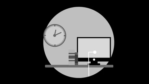 Minimalist Animation of a workspace with a computer, books, and clock Stock Footage 326964881