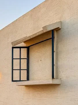 Minimalist Architectural Window Frame on Beige Stucco Wall Stock Photos