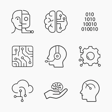 Minimalist artificial intelligence icon set showing robotics, machine learn Illustrazione stock