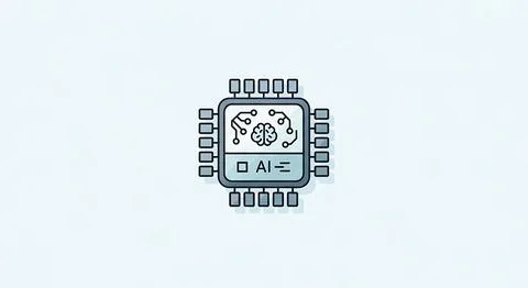 Minimalist artificial intelligence microchip icon with brain symbol and tec.. Stock Illustration