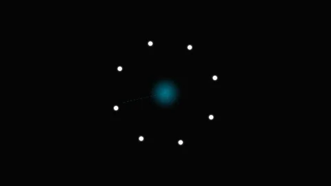 Minimalist atomic structure with a glowing central nucleus and orbiting dots Video stock 339618158