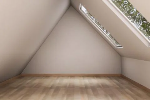 Minimalist attic triangular room interior with sloped ceiling window and wo.. Stock Illustration