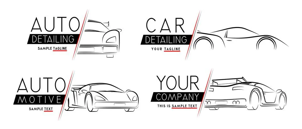 Minimalist Auto Detailing Logo Concepts Featuring Line Art Car Shapes Stock Illustration