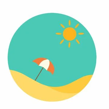 Minimalist Beach Scene Circle Vector Icon: Hot Sun on Yellow Sand with Orange Um Stock Illustration