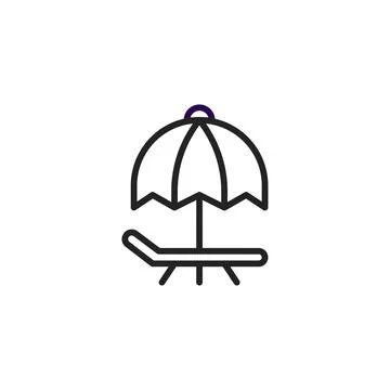 Minimalist beach vacation icon featuring parasol, chair evokes relaxation o.. Stock Illustration