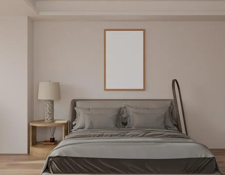 A minimalist bedroom features a large bed with grey linens Stock Illustration