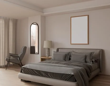 Minimalist bedroom featuring a large bed with gray linens, a mid-century mo.. Illustrazione stock