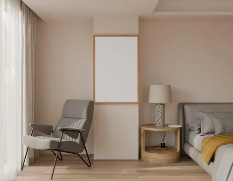 Minimalist bedroom interior design featuring a gray armchair, wooden side t.. Stock Illustration