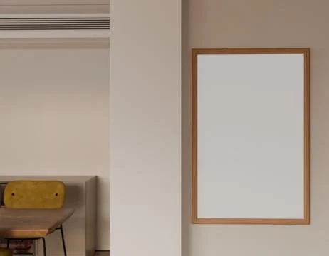 A minimalist beige room features a large, light wood-framed Stock Illustration