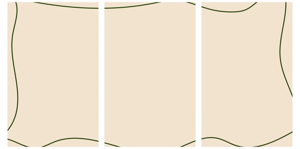 Minimalist beige triptych background with dark green wavy lines Illustrazione stock