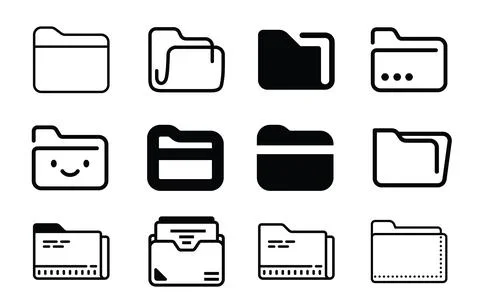 Minimalist black and white folder icon set for digital organization and fil.. Stock Illustration