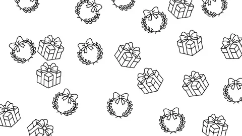 Minimalist Black and White Pattern with Gift Boxes and Laurel Wreaths with Bows Stock Footage 345539153