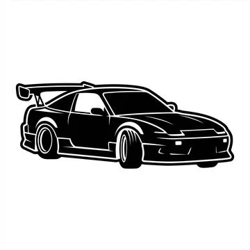 Minimalist Black and White Vector Illustration of a Sporty Coupe Drift Car 스톡 일러스트