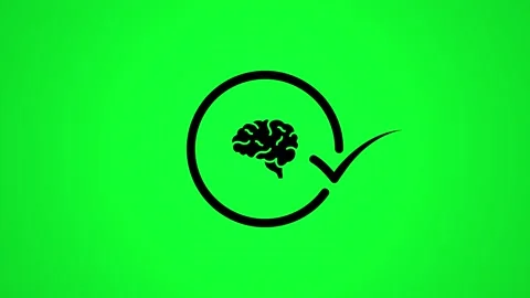 Minimalist black brain icon with check mark symbol animation on green scree.. Stock Footage 344855188
