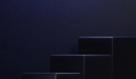 Minimalist black cube stand for product placement mockup with dark blue light Stock Illustration