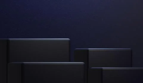 Minimalist black cube stand for product placement mockup with dark blue light. 스톡 일러스트